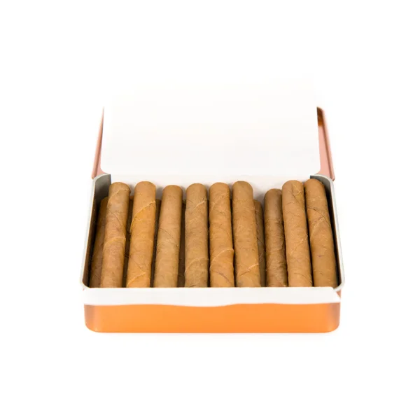 Cigarillo inside a steel box over white background. — Stock Photo, Image