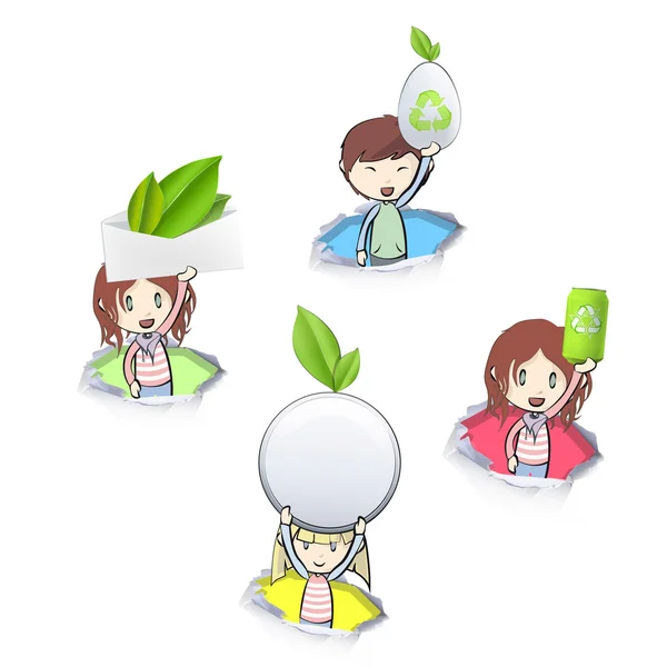 Kids holding eco elements inside hole papers. Vector design. — Stock Vector