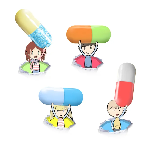 Kids holding pills inside hole papers. Vector design. — Stock Vector