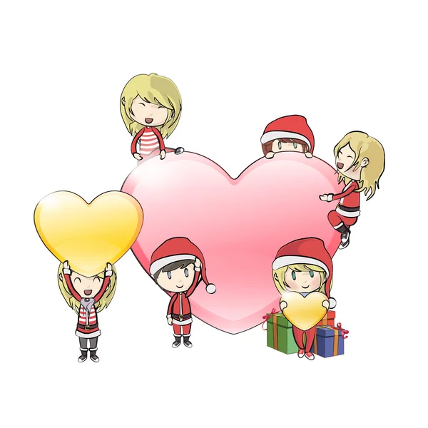 Дети в костюме Санта Клауса вокруг большого сердца. Векторный дизайн — стоковый вектор
