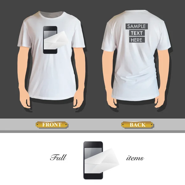 Realistische telefoon gedrukt op wit overhemd. vector ontwerp. — Stockvector