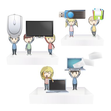 teknoloji öğeleri beyaz raflarda tutan çocuklar. vektör tasarımı