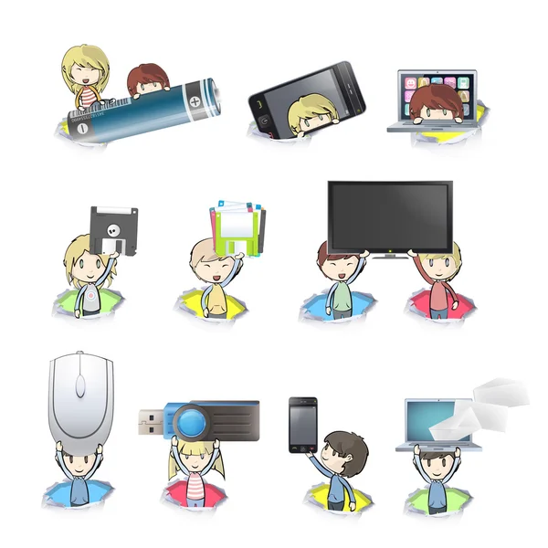 Kids holding PC, phone, TV, CD, and other tools. Vector design — Stock Vector