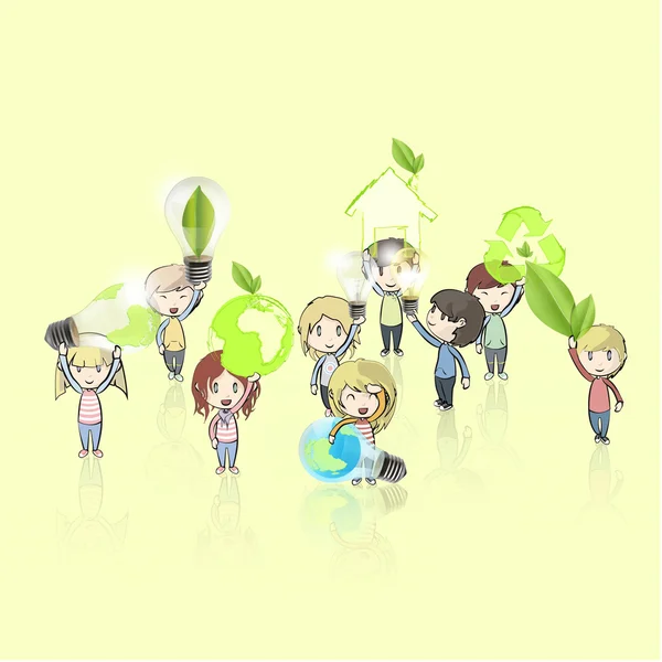 Kids holding ecological icons and eco bulbs. Vector design. — Stock Vector