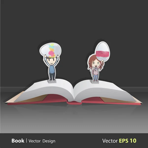 Bambini che tengono uova dentro un libro pop-up. Design vettoriale — Vettoriale Stock