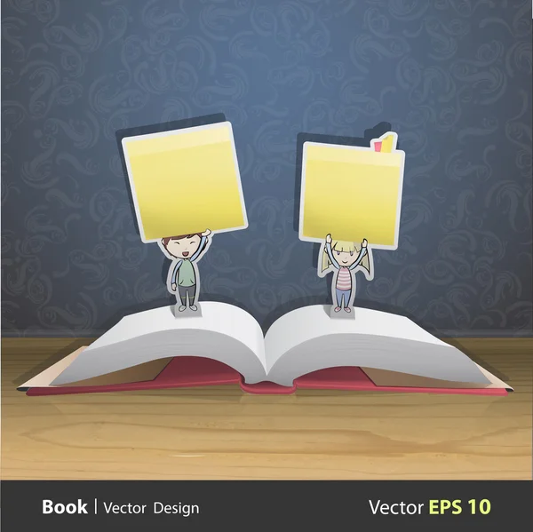 Grupo de niños sosteniendo palo amarillo dentro del libro emergente. Diseño vectorial — Archivo Imágenes Vectoriales