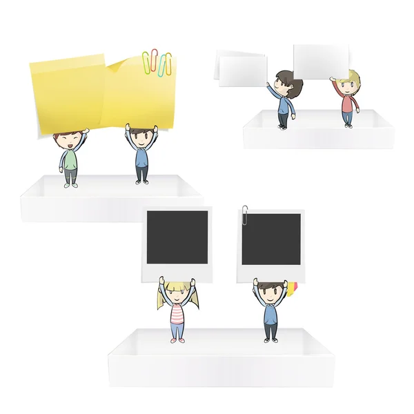 Grupo de niños sosteniendo jalá, tarjeta de visita y foto vacía en estantes blancos. Diseño vectorial — Vector de stock