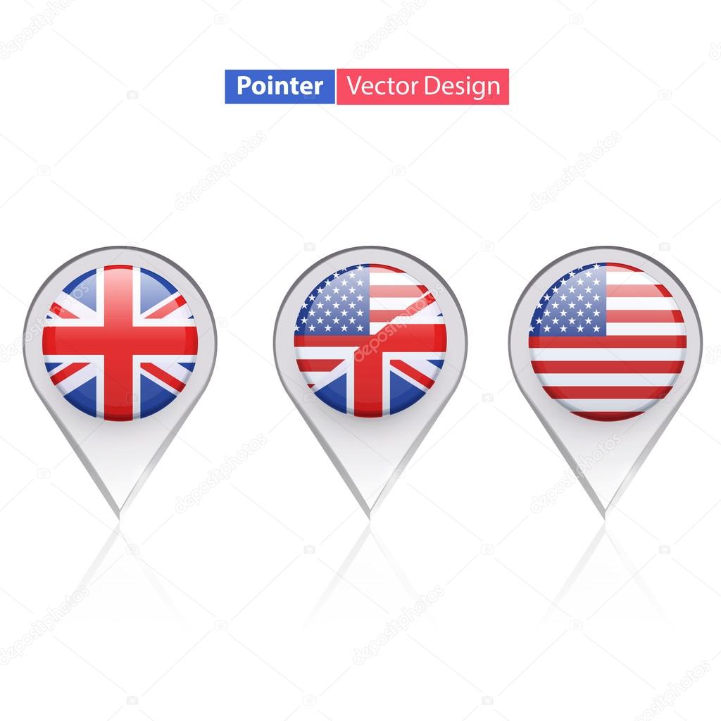 Set of English icon inside pointers. Vector design.