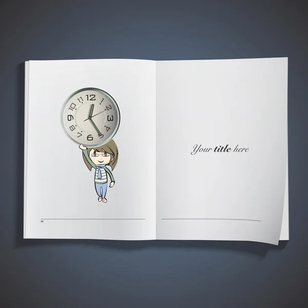 Fille tenant une montre de vice imprimée sur le livre. Conception vectorielle — Image vectorielle