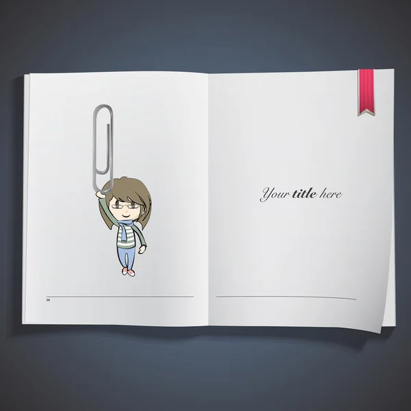 Girl holding clips printed on book. Vector design — Wektor stockowy