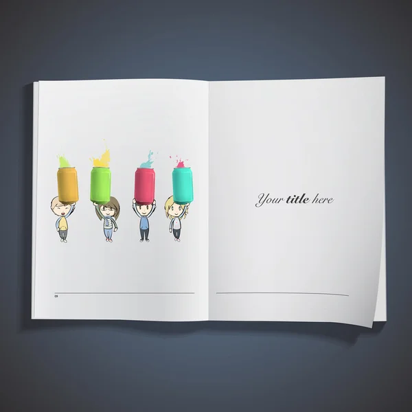 Kids holding colorful cans printed on book. Vector design — Wektor stockowy