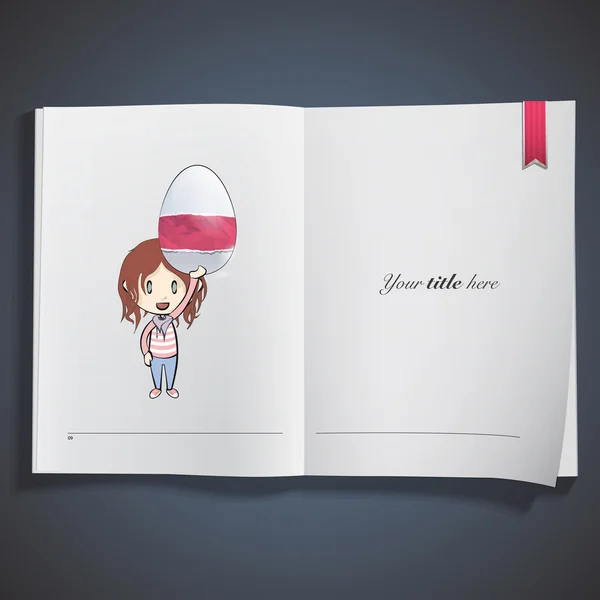 Ragazza con un uovo di Pasqua stampato sul libro. Design vettoriale — Vettoriale Stock