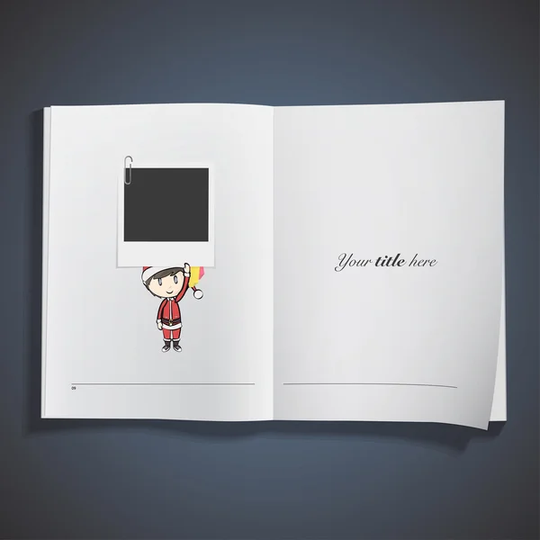 Niño con traje de Papá Noel sosteniendo una foto impresa en un libro . — Vector de stock