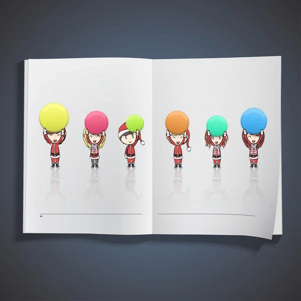 Fille avec costume de Père Noël tenant des boutons colorés imprimés sur le livre . — Image vectorielle