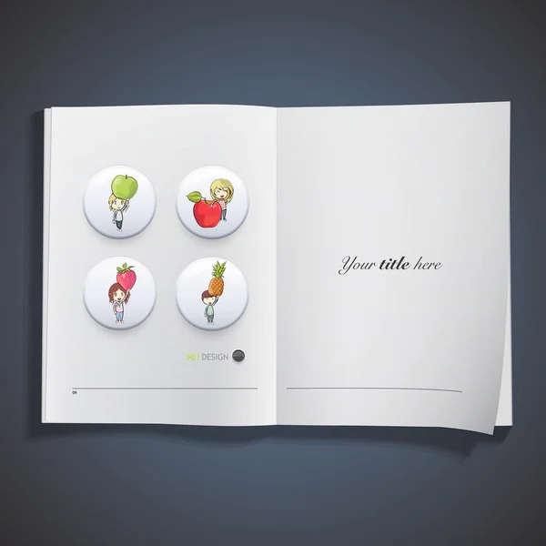 Crianças segurando frutas coloridas impressas no livro. Projeto vetorial — Vetor de Stock