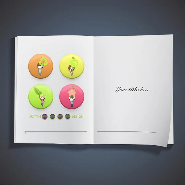Barnen håller ekologiska ikoner tryckt på bok. vektor design — Stock vektor