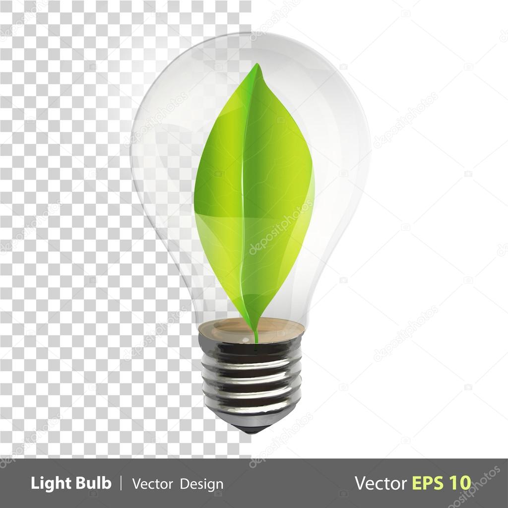 Bulb with a green leaf inside. Realistic vector design