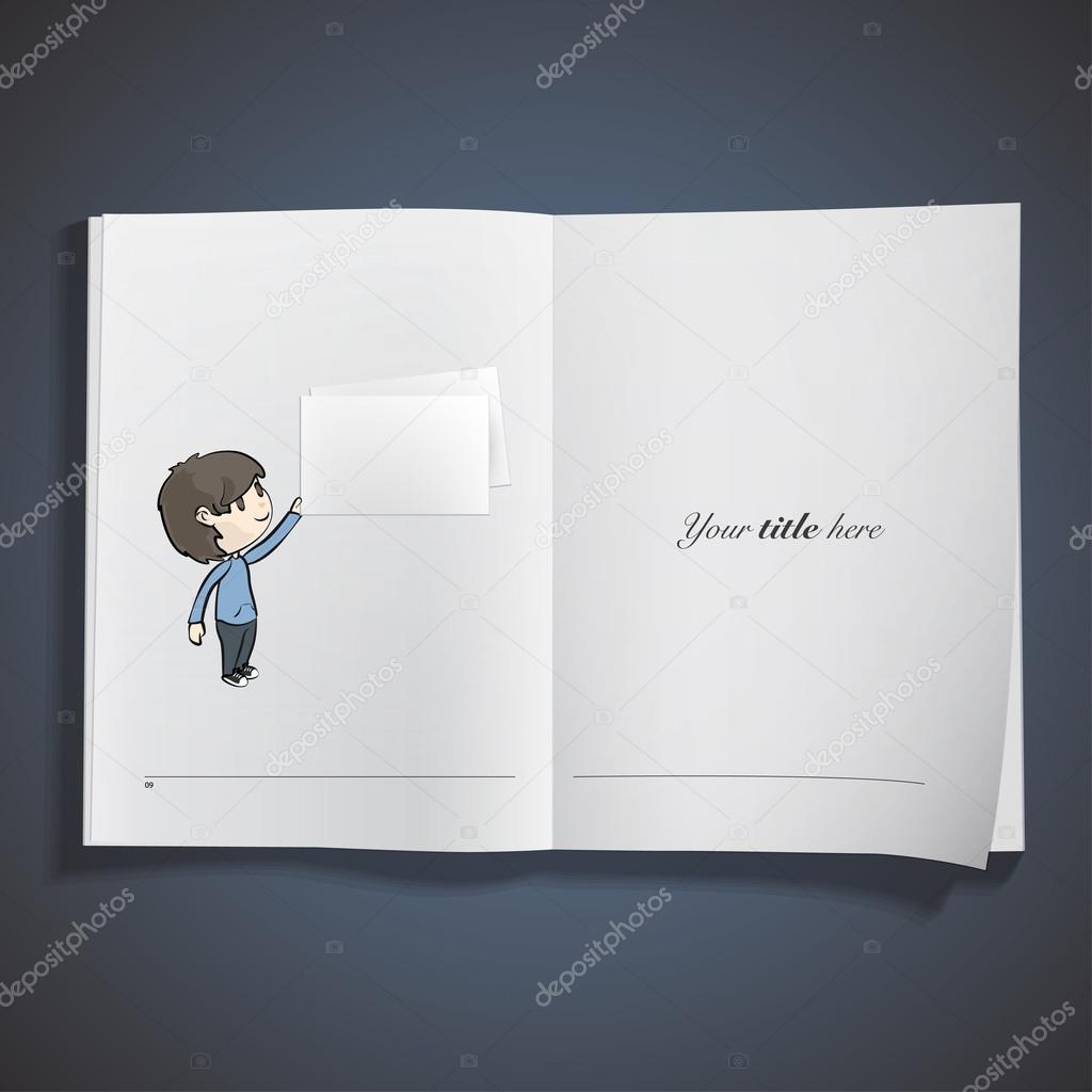 Boy holding an empty business card printed on book. Vector design.