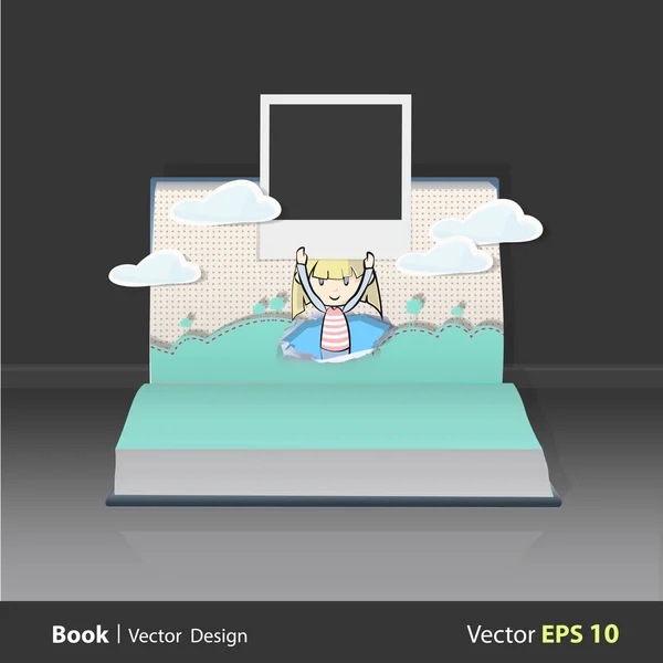 Un niño alrededor de un corazón impreso en un libro. Diseño vectorial — Vector de stock