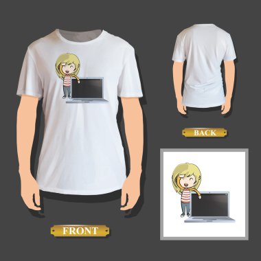 kız t-shirt baskılı modern bir dizüstü tutarak. vektör tasarımı.