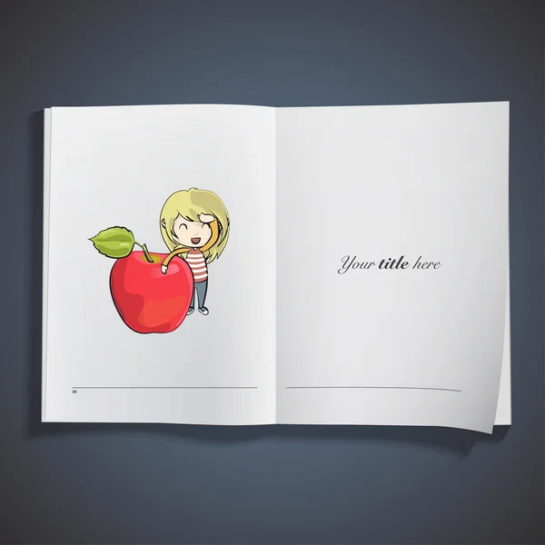 Niña sosteniendo manzana impresa en libro. Diseño vectorial . — Vector de stock