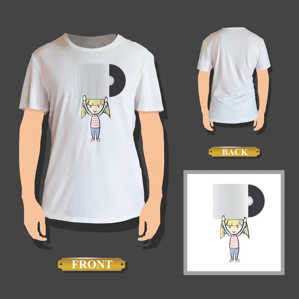 Chica sosteniendo un cd impreso en la camiseta. Diseño vectorial . — Vector de stock