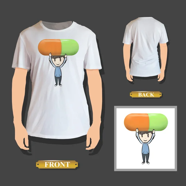 Boy holding colorful pill printed on t-shirt. Vector design. — Stock Vector