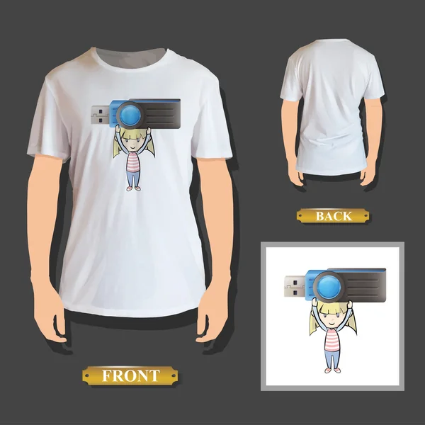 Chica sosteniendo un pendrive realista impreso en la camiseta. Diseño vectorial . — Vector de stock