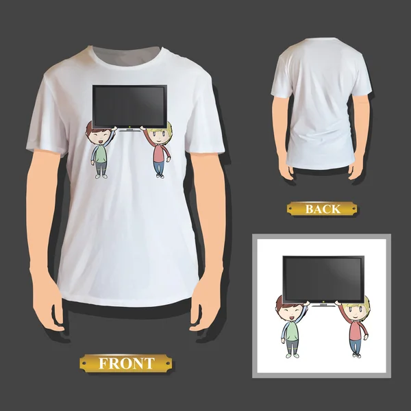 Niños sosteniendo TV impresa en camiseta. Diseño vectorial . — Vector de stock