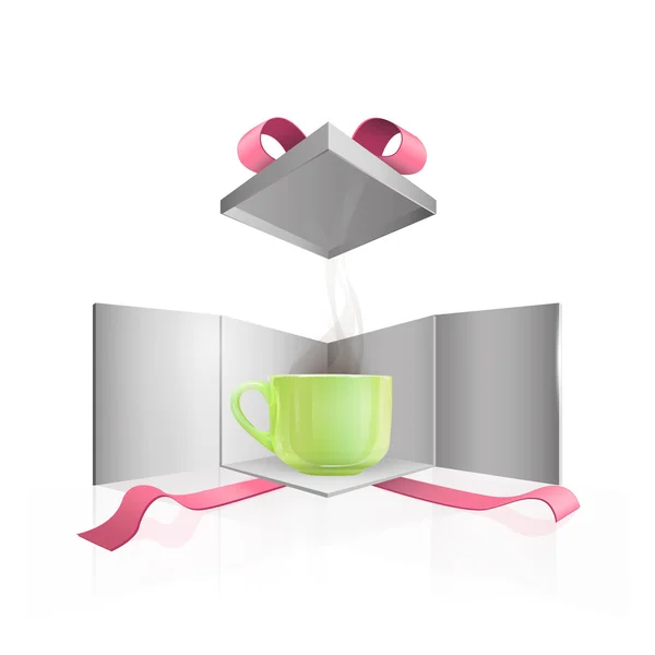 Tazza verde realistica all'interno della confezione regalo. Design vettoriale . — Vettoriale Stock