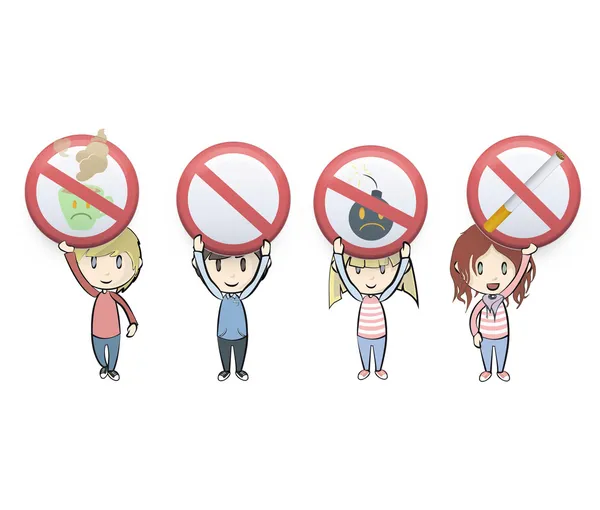 Kinder mit Verbotsschildern vor weißem Hintergrund. Vektordesign — Stockvektor