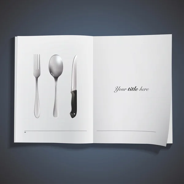 Coltello realistico, forchetta e cucchiaio stampati sul libro. Design vettoriale — Vettoriale Stock