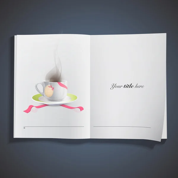 Weiße Tasse mit Teebeutel mit roten Bändern auf Buch gedruckt. Vektordesign — Stockvektor