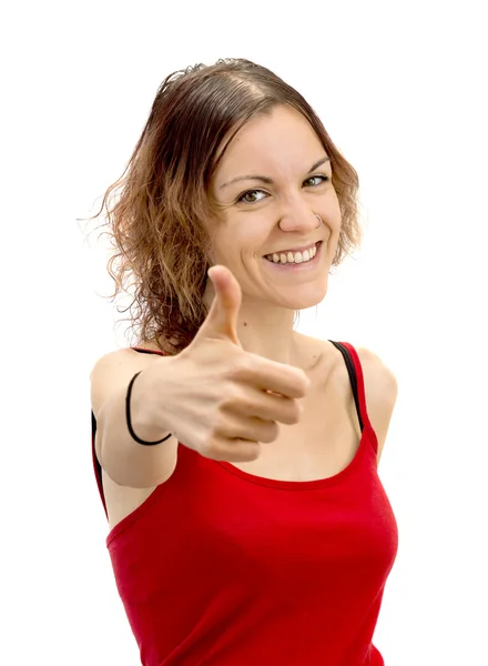 Menina bonita fazendo um gesto OK no fundo branco — Fotografia de Stock