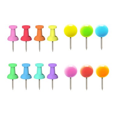 Beyaz arka plan üzerinde renkli pushpins. vektör tasarımı