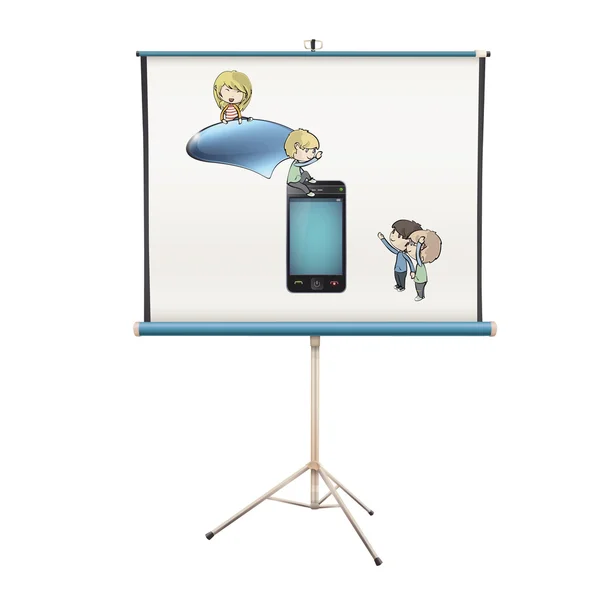 Enfants autour du téléphone projeté sur écran blanc. conception vectorielle isolée . — Image vectorielle