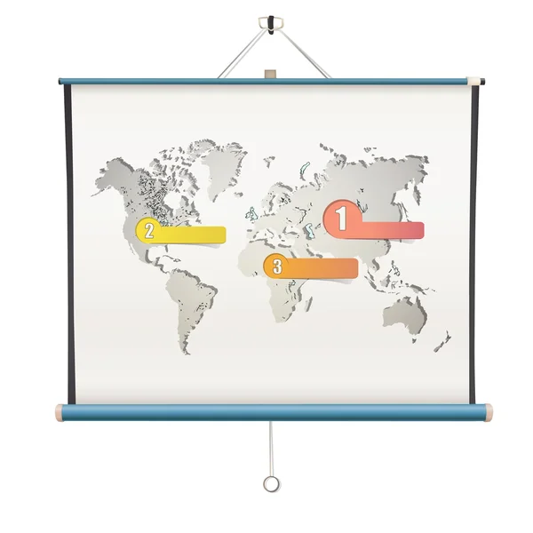Λευκή οθόνη προβολέα με παγκόσμιο χάρτη μέσα. απομονωμένος σχεδιασμός διανύσματος. — Διανυσματικό Αρχείο