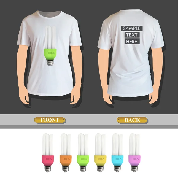 Conjunto de lâmpadas realistas coloridas impressas na camisa. Projeto vetorial — Vetor de Stock