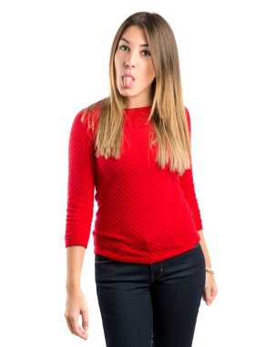 genç kız izole beyaz zemin üzerinde bir şaka yapıyor