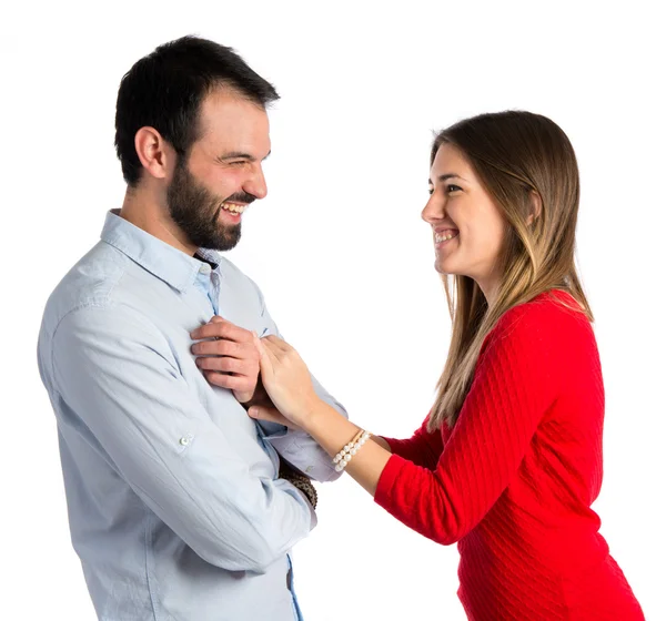 Lindos amantes pareja sobre fondo blanco . — Foto de Stock