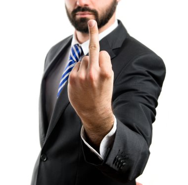 genç işadamı beyaz arka plan üzerinde boynuz işareti yapıyor