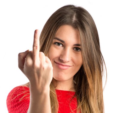 genç kız yapma boynuz jest beyaz zemin üzerine