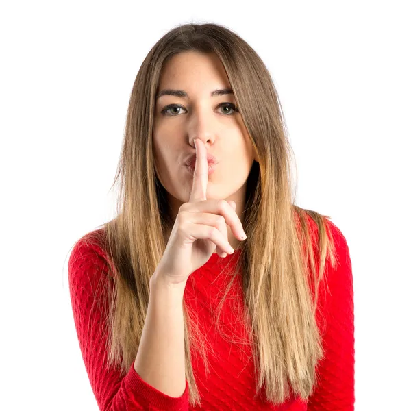 Menina fazendo gesto de silêncio sobre fundo branco isolado — Fotografia de Stock