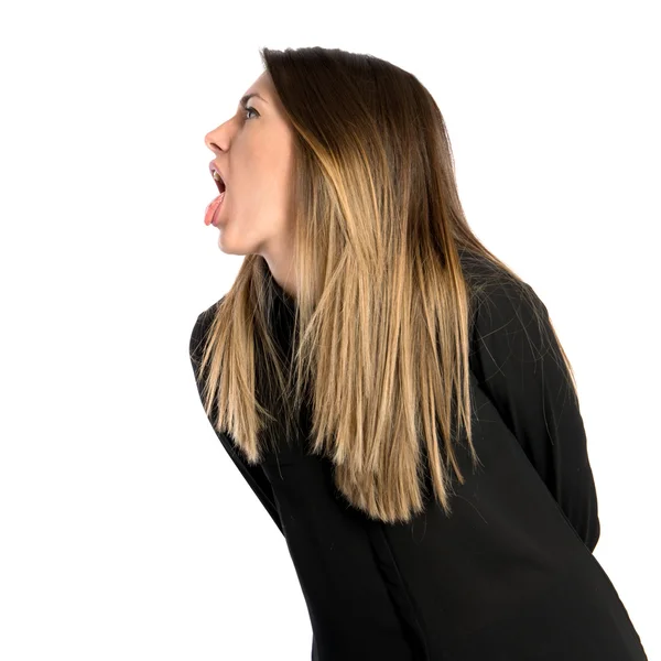 Young girl doing a joke over isolated white background — Stock Photo, Image