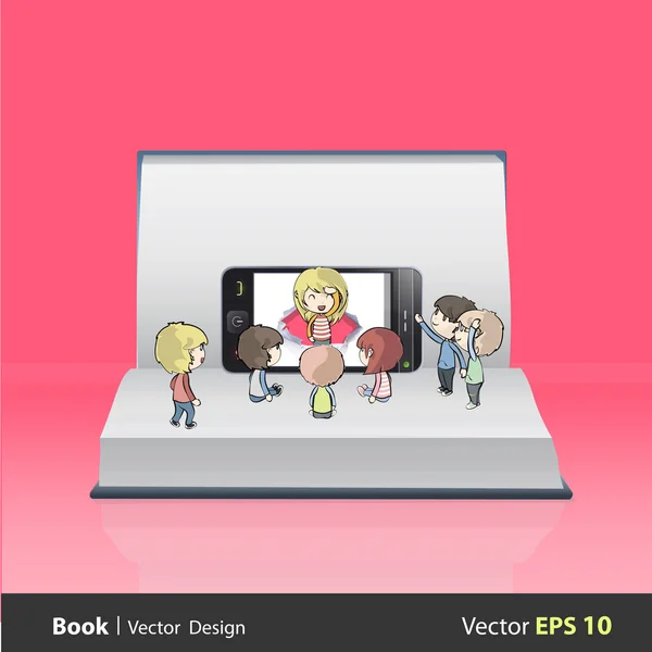 Kinderen rond realistische telefoon op lege boek. vector ontwerp — Stockvector