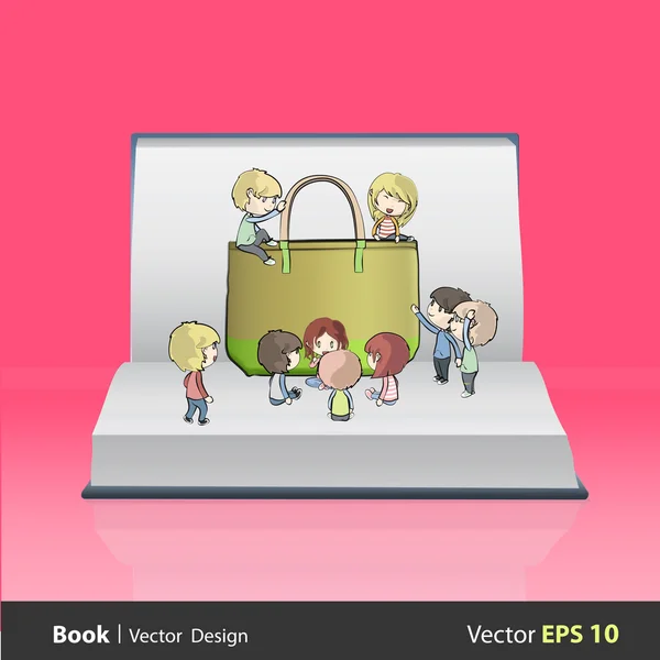 Des enfants autour d'un sac vert sur un livre vide. Conception vectorielle — Image vectorielle