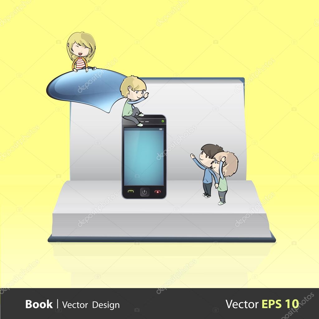 Bambini intorno a telefono con nuvoletta su book vuoto disegno vettoriale — Vettoriale Stock