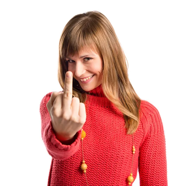Young girl making horn gesture over white background — Stock Photo, Image