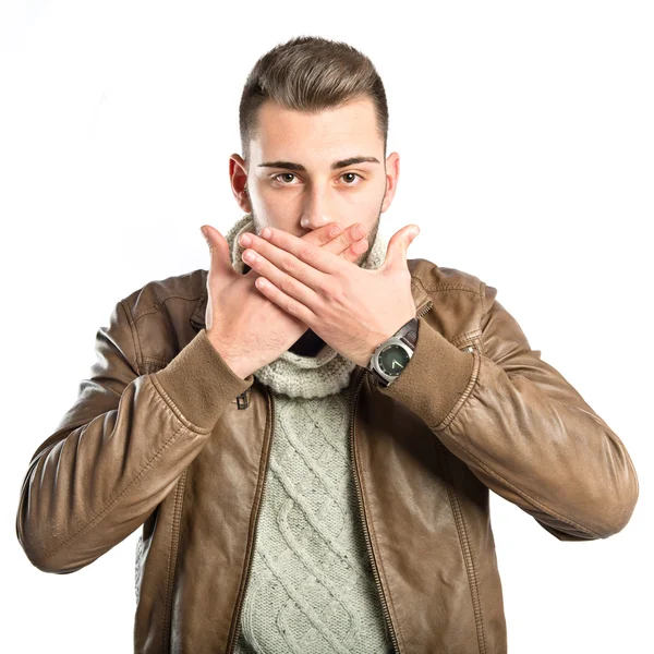 Handsome man with her mouth closed by his hands — Stock Photo, Image