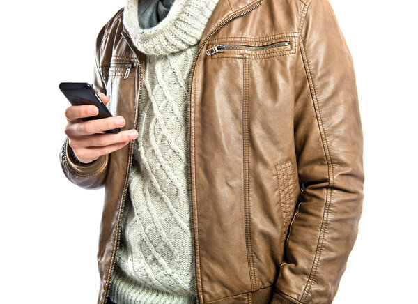 Business man sending a message over isolated background.